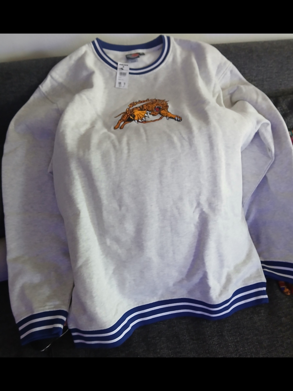 Men's Light Gray Crewneck Sweater with Tiger Embroidery